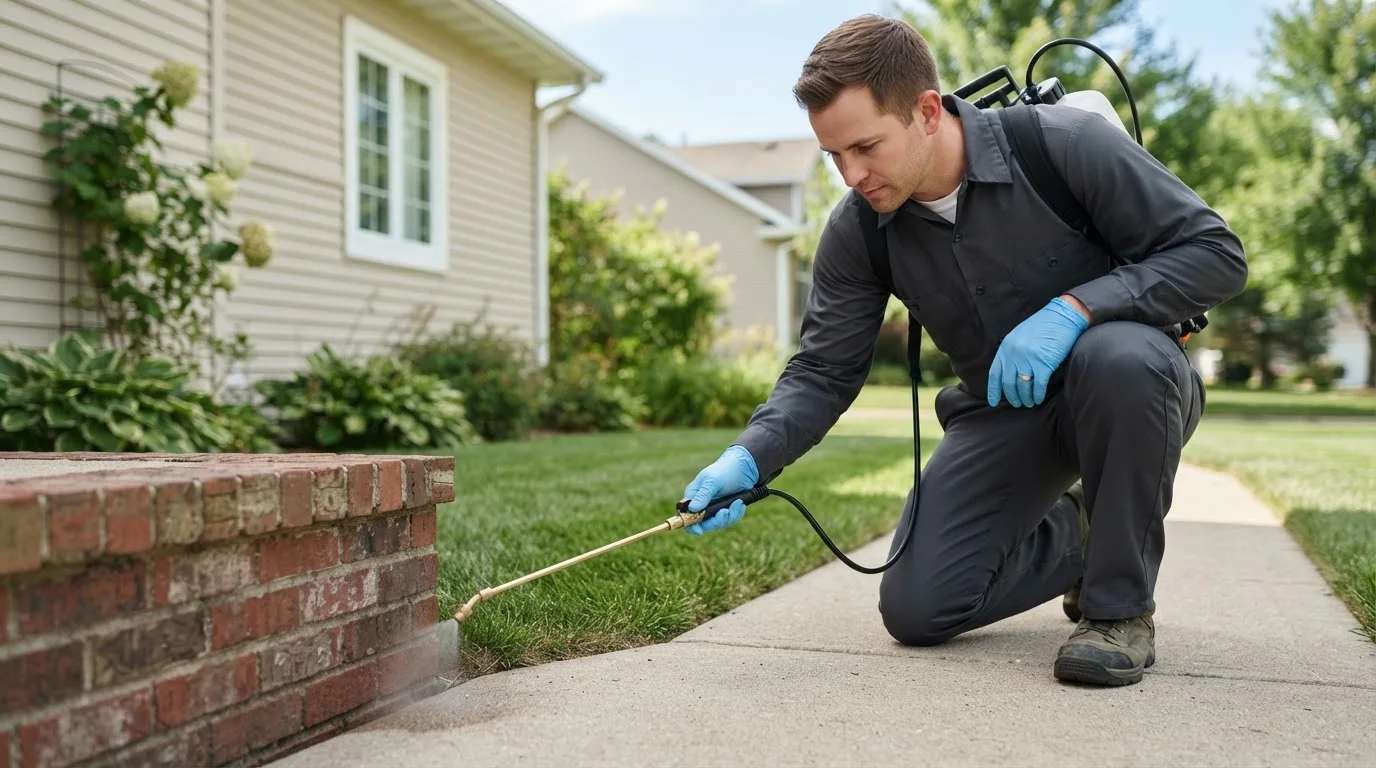 Pest control technician treating a home near Putnamville, IN