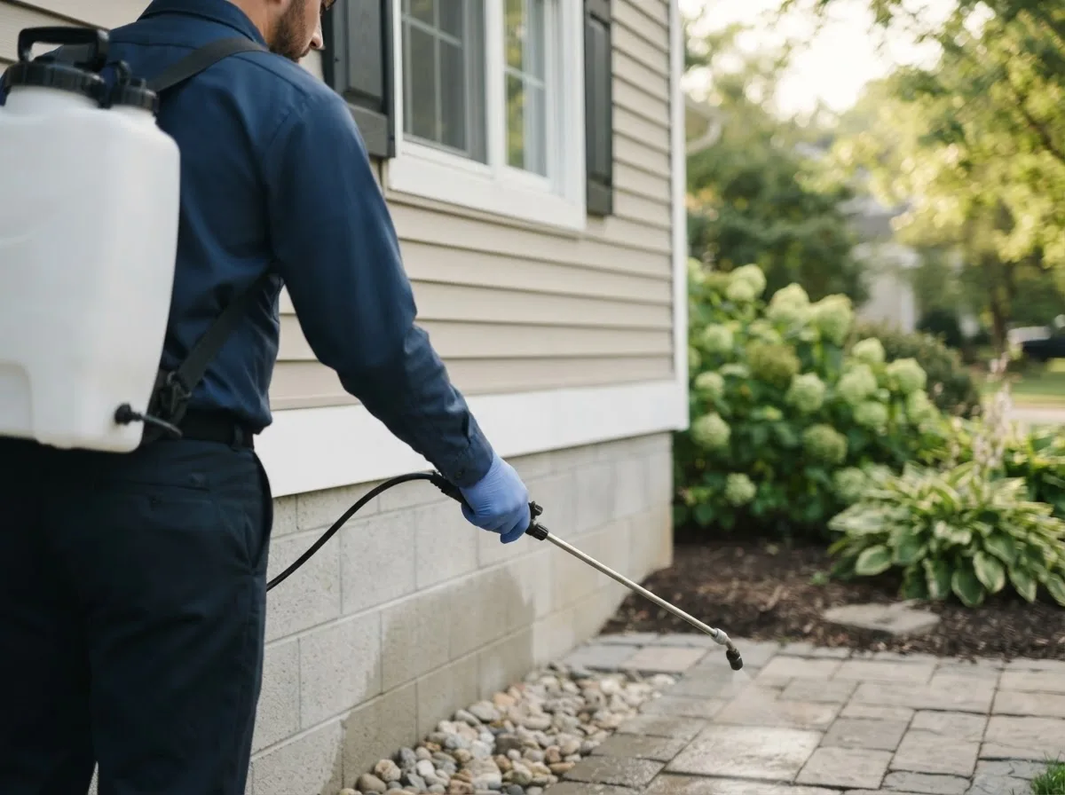 Pest control technician inspecting a home in Putnamville, IN